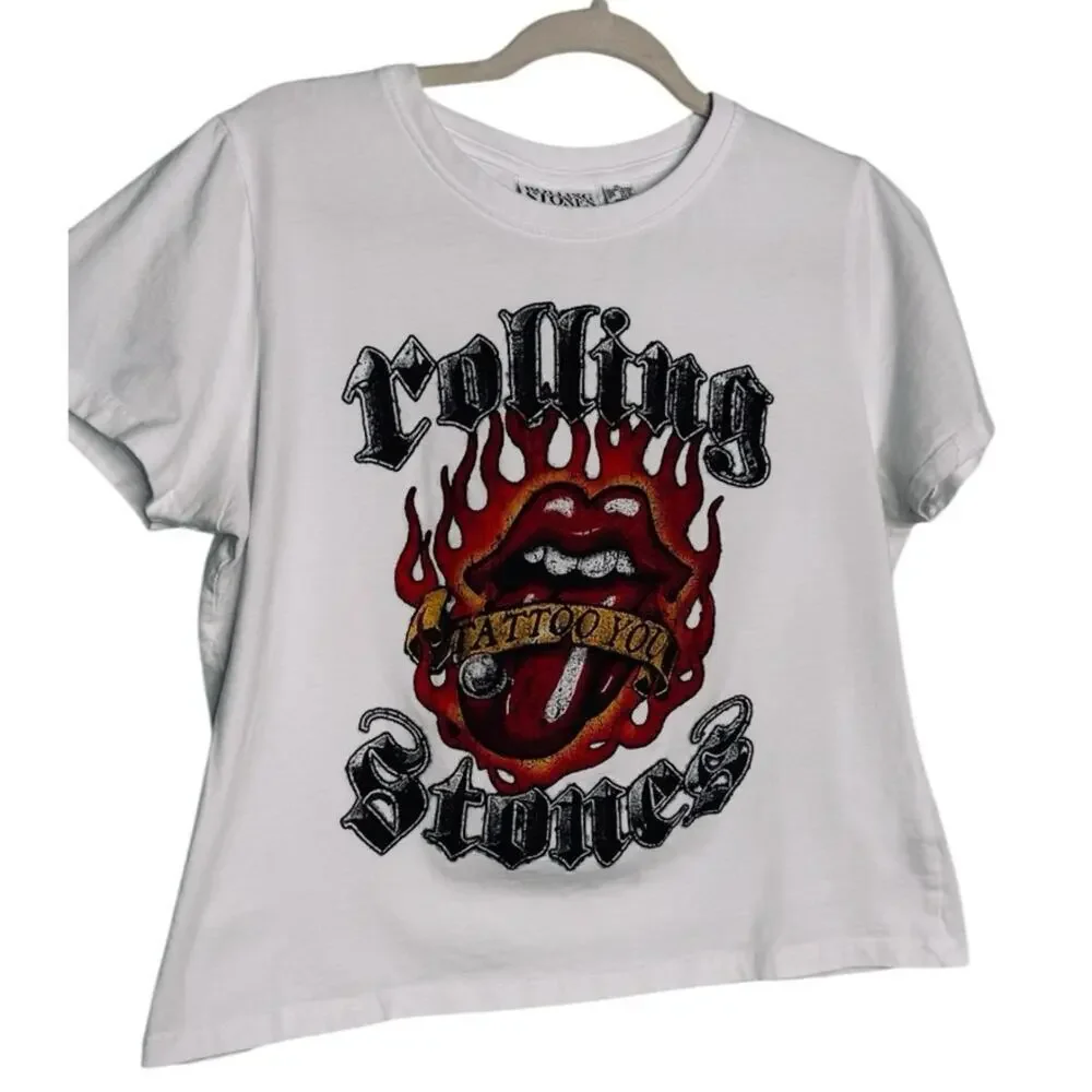 The RollingStones White Flaming Tattoo Tongue Short Sleeve T-shirt Size L